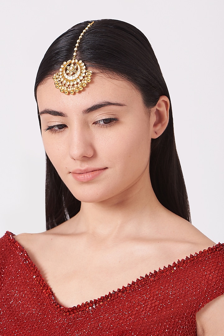 Gold Plated Kundan Polki Maang Tikka by Anjali Jain Jewellery