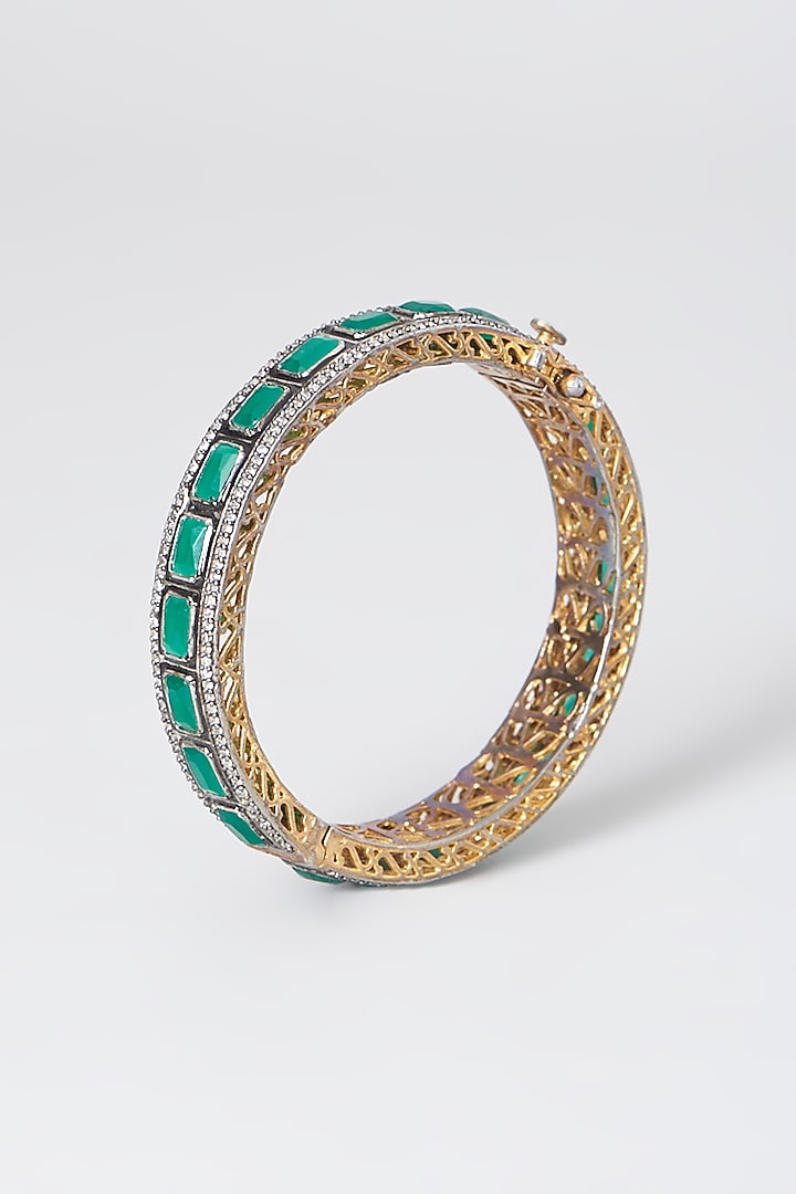 Gold Finish Green Stone Bangles (Set of 2) by Anjali Jain