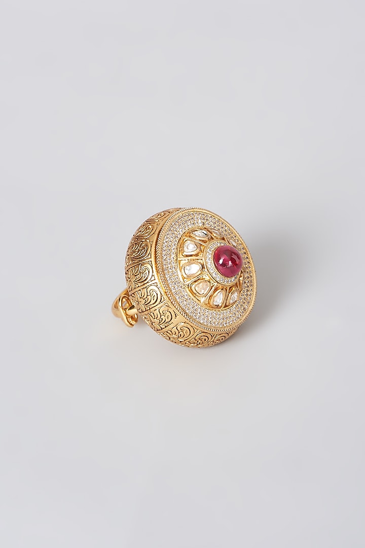 Gold Finish Red Stone Ring by Anjali Jain Jewellery at Pernia's Pop Up Shop