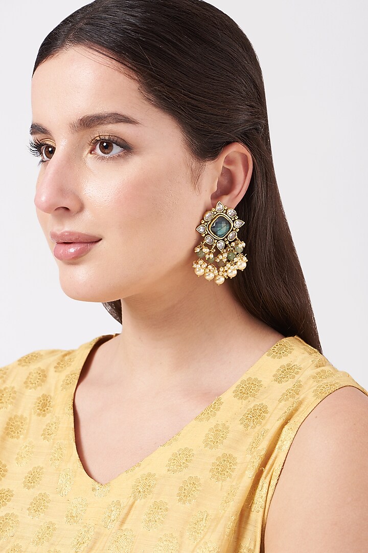 Gold Finish Labrodorite & Pearl Earring by Anjali Jain Jewellery at Pernia's Pop Up Shop