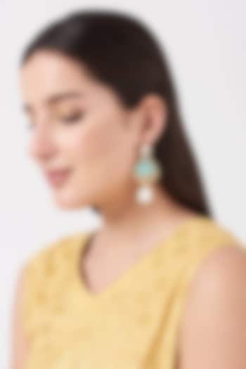 Gold Finish Mint Green Carved Stone Earrings by Anjali Jain Jewellery at Pernia's Pop Up Shop