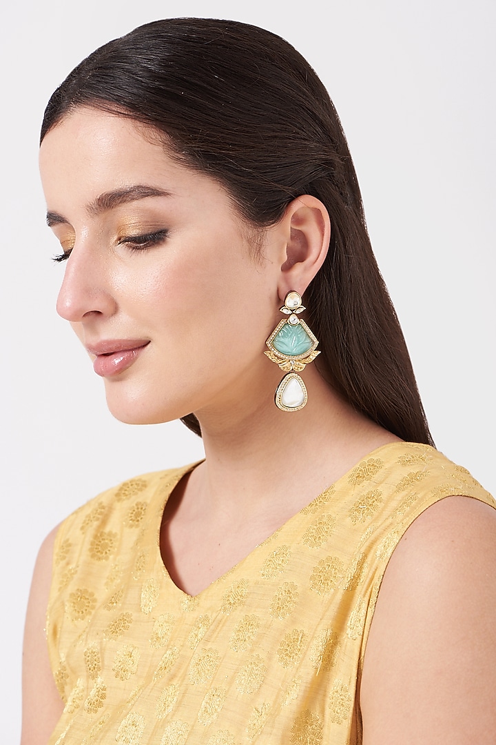 Gold Finish Mint Green Carved Stone Earrings by Anjali Jain Jewellery at Pernia's Pop Up Shop