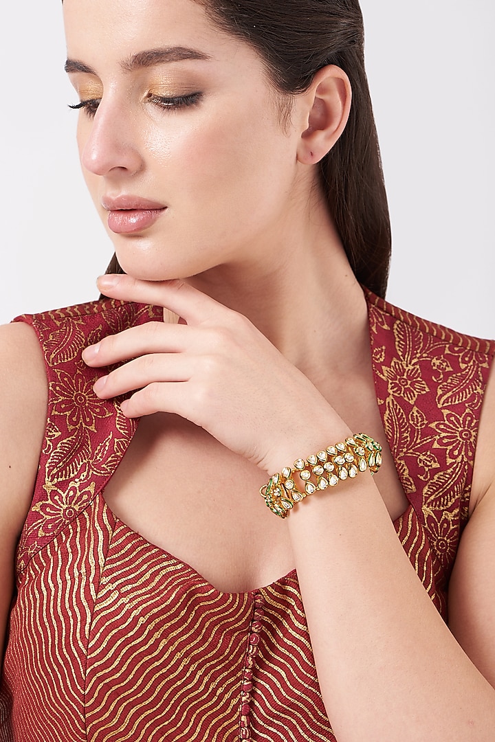 Gold Finish Kundan Polki Bracelet by Anjali Jain Jewellery