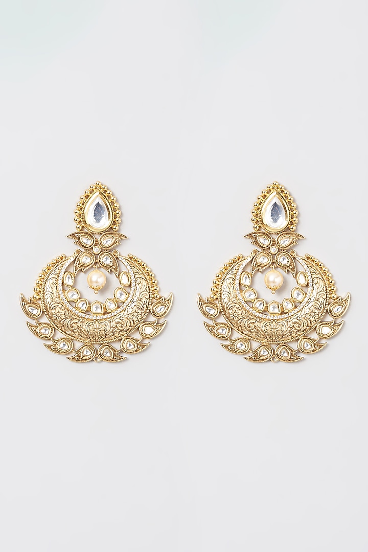 Gold Finish Kundan Polki Chaandbali Earrings by Anjali Jain Jewellery at Pernia's Pop Up Shop