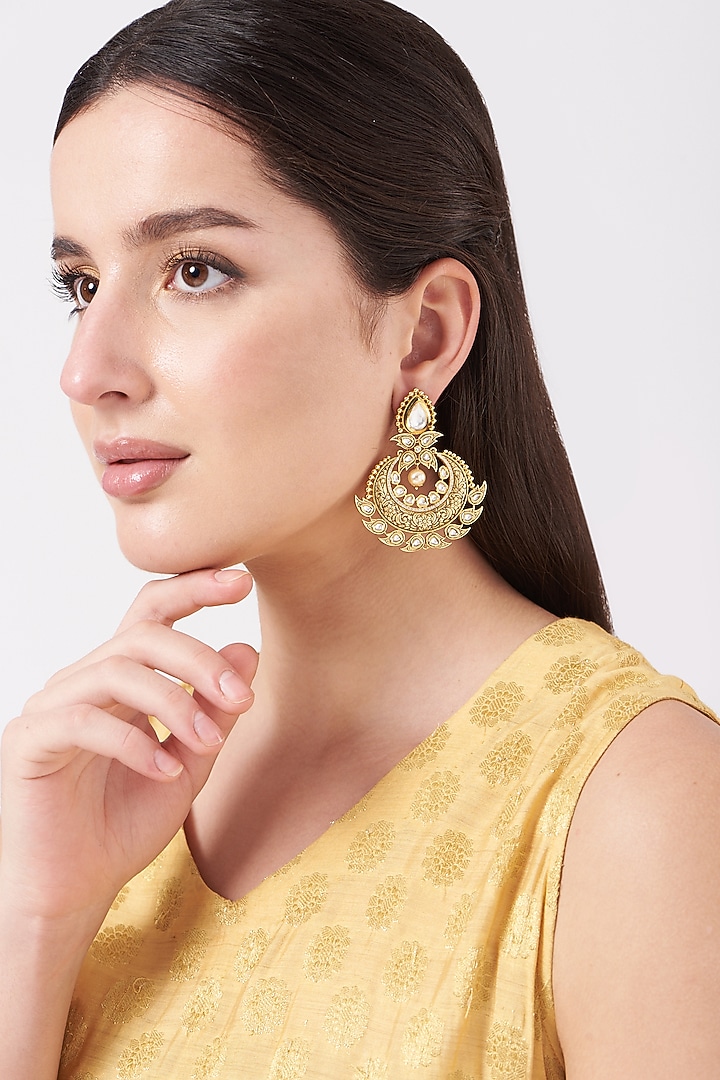 Gold Finish Kundan Polki Chaandbali Earrings by Anjali Jain Jewellery at Pernia's Pop Up Shop