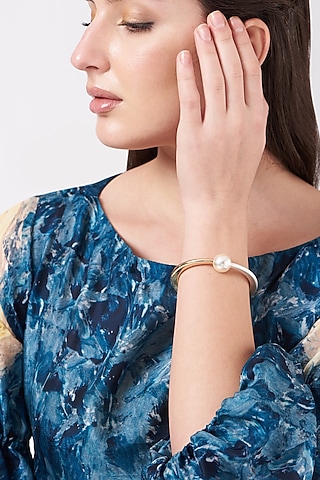 Gold & Silver Finish Pearl Cuff Bracelet by Anjali Jain Jewellery
