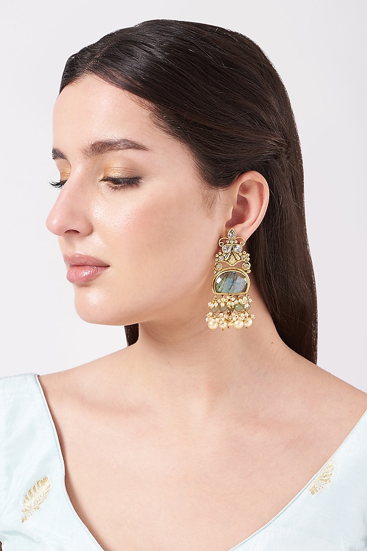 Gold Finish Labrodorite Earrings by Anjali Jain Jewellery