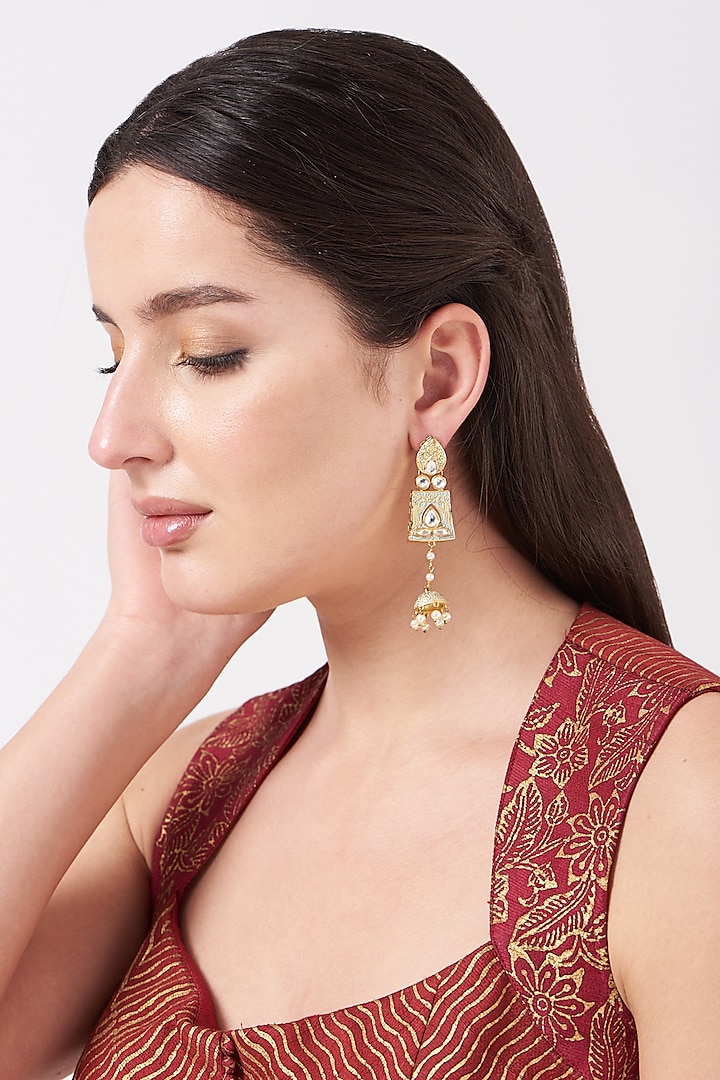 Gold Finish Meenakari Kundan Polki Jhumka Earrings by Anjali Jain Jewellery
