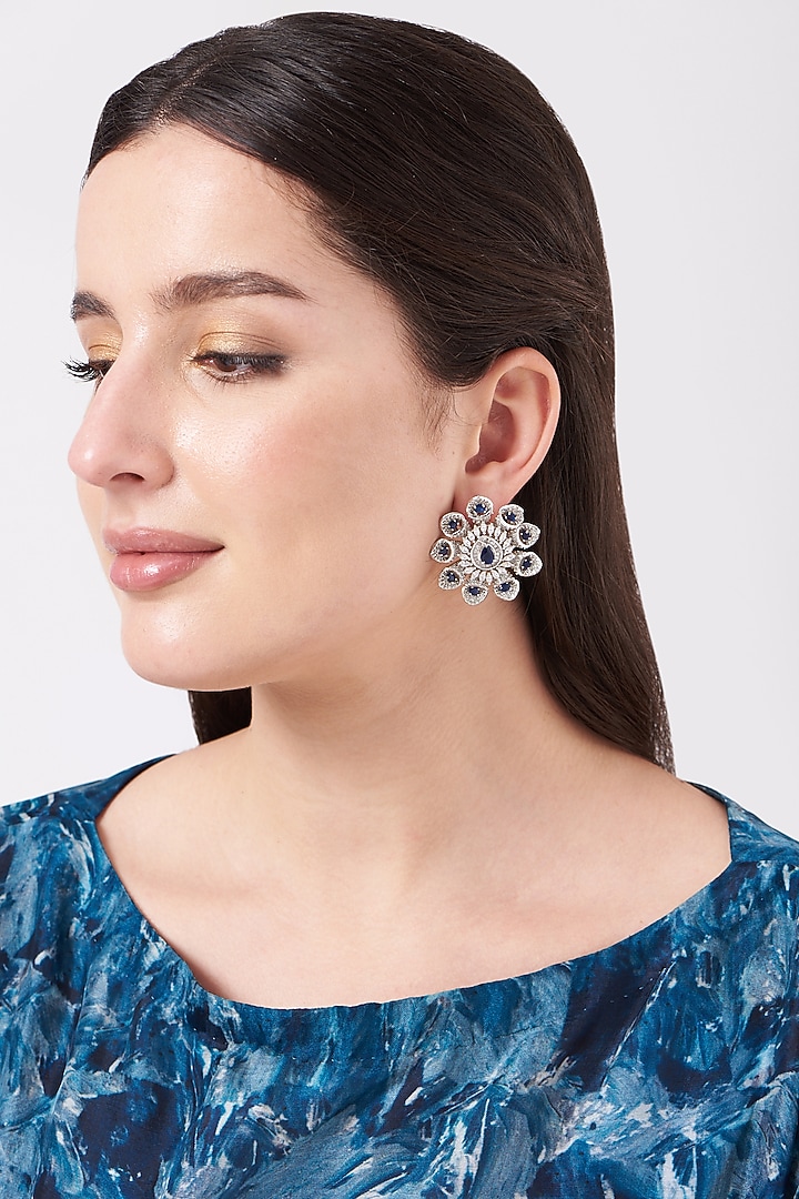 Silver Finish Blue Stone Earrings by Anjali Jain Jewellery at Pernia's Pop Up Shop