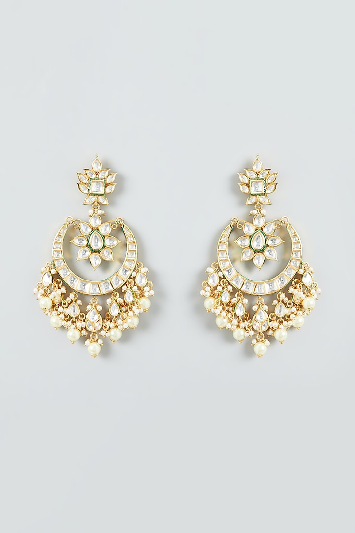 Gold Finish Kundan & Pearls Chandbali Earrings by Anjali Jain Jewellery