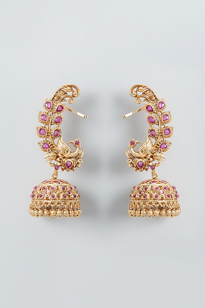 Gold Finish Peacock Jhumka Earrings by Anjali Jain Jewellery