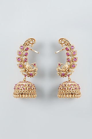 Gold Finish Peacock Jhumka Earrings by Anjali Jain Jewellery