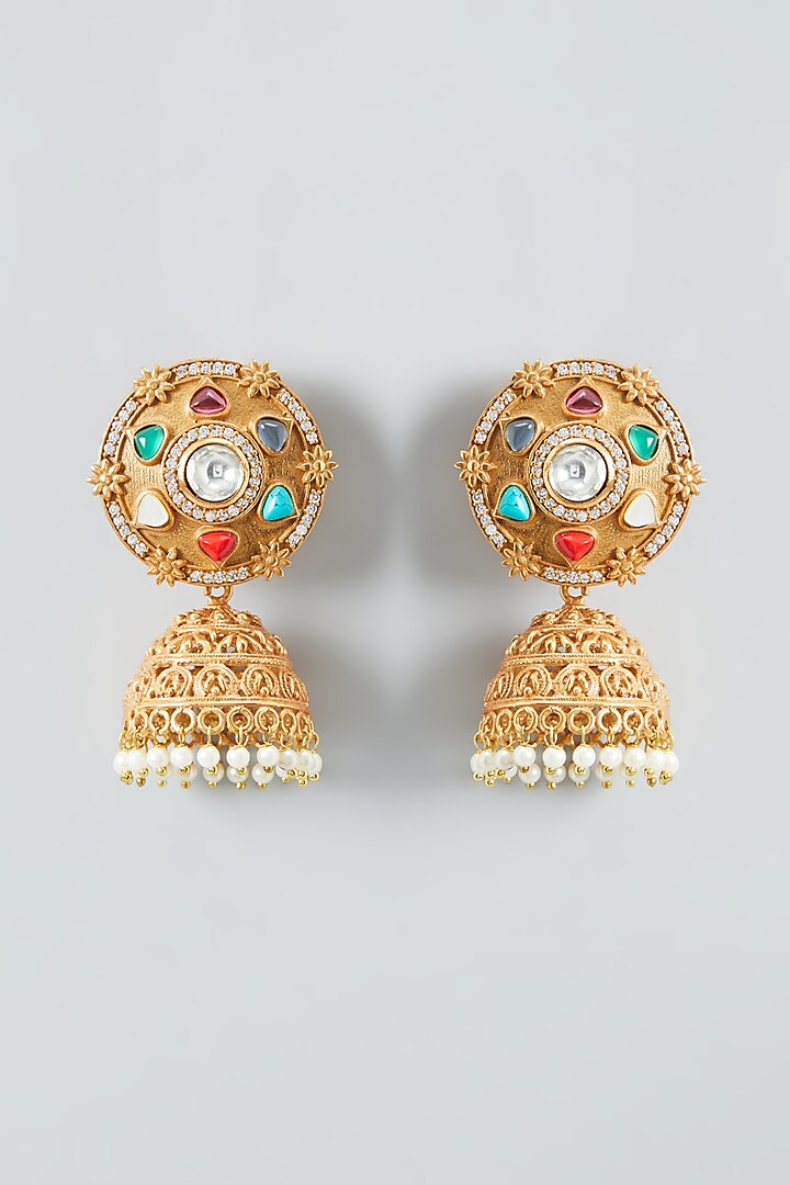 Gold Finish Kundan & Navratna Jhumka Earrings by Anjali Jain Jewellery