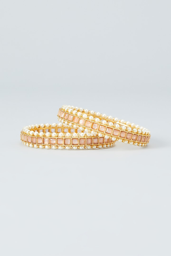 Gold Finish Pearls Bangles (Set of 2) by Anjali Jain Jewellery