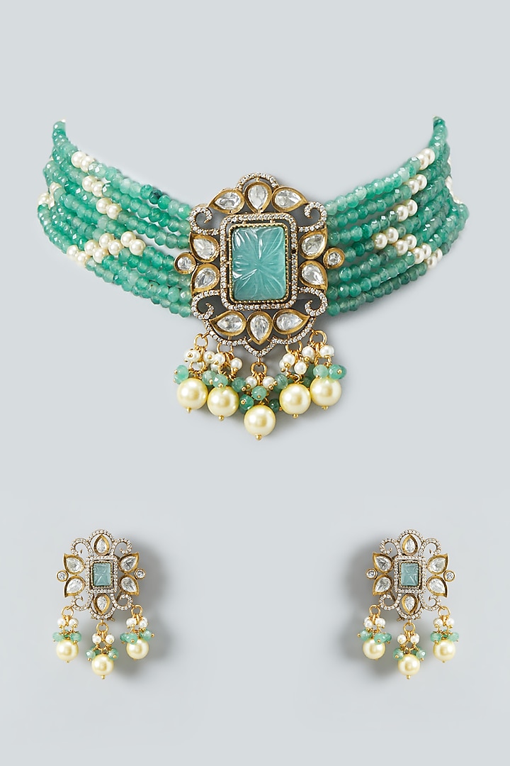 Two Tone Finish Kundan & Pearls Choker Necklace Set by Anjali Jain Jewellery at Pernia's Pop Up Shop