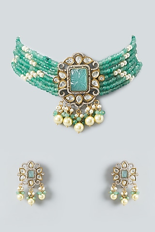 Two Tone Finish Kundan & Pearls Choker Necklace Set by Anjali Jain Jewellery