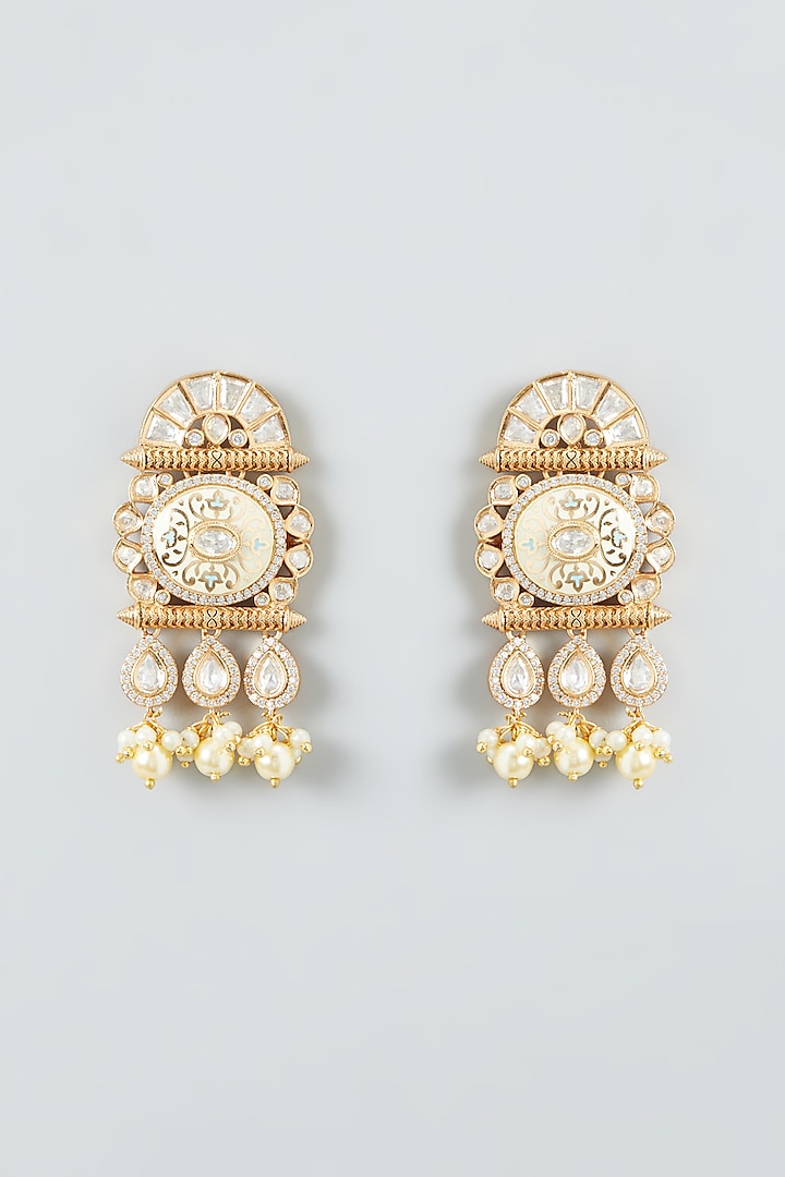 Gold Finish Kundan & Pearls Dangler Earrings by Anjali Jain Jewellery