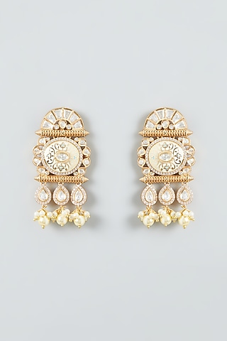 Gold Finish Kundan & Pearls Dangler Earrings by Anjali Jain Jewellery