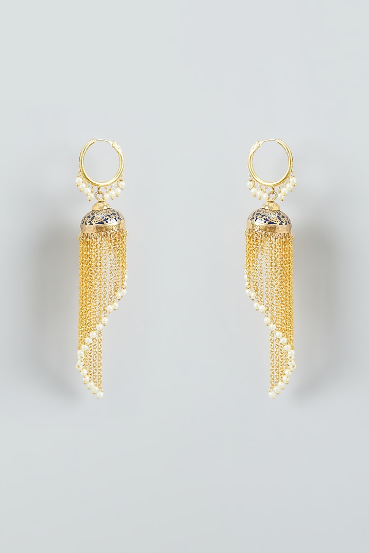 Gold Finish Taselled & Pearls Dangler Earrings by Anjali Jain Jewellery at Pernia's Pop Up Shop