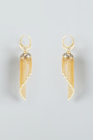Gold Finish Taselled & Pearls Dangler Earrings by Anjali Jain Jewellery