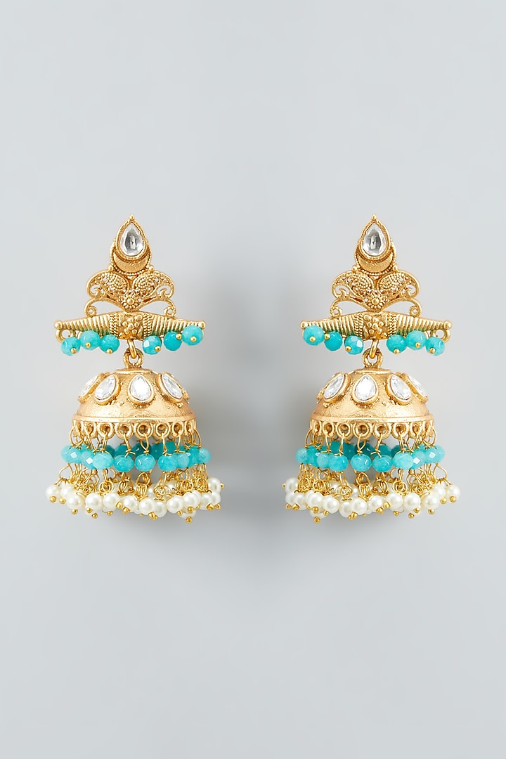 Gold Finish Kundan Polki Jhumka Earrings by Anjali Jain Jewellery at Pernia's Pop Up Shop