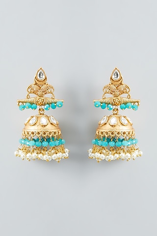 Gold Finish Kundan Polki Jhumka Earrings by Anjali Jain Jewellery