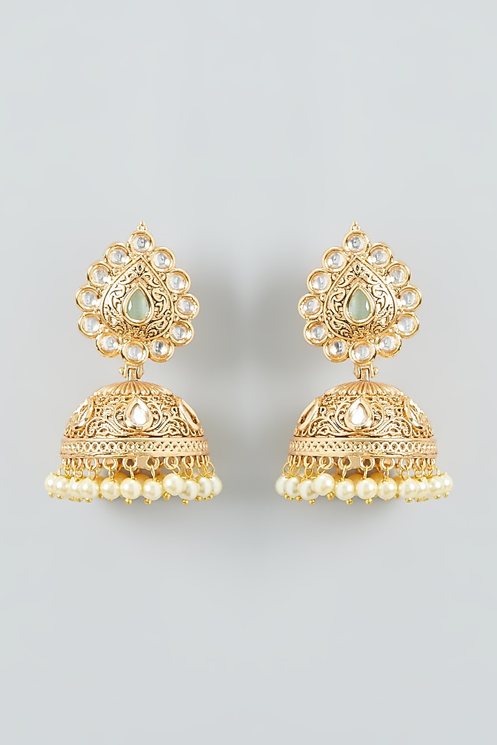 Handcrafted Golden Kundan Jhumka Earrings with Pearls Stunning Traditional Design