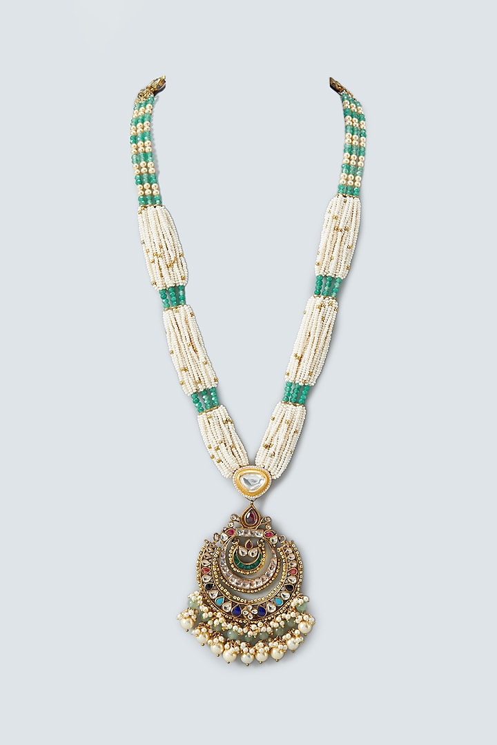 Gold Finish Kundan & Navratna Long Necklace by Anjali Jain Jewellery