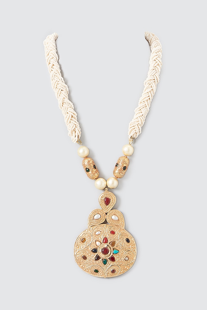 Gold Finish Navratna Long Pendant Necklace by Anjali Jain Jewellery