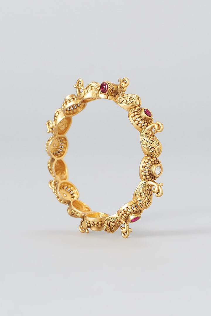 Gold Finish Peacock Temple Bangles (Set of 2) by Anjali Jain Jewellery