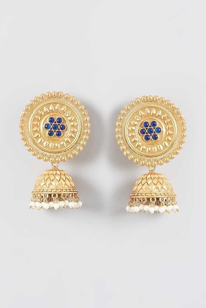 Gold Finish Pearls Jhumka Earrings by Anjali Jain Jewellery