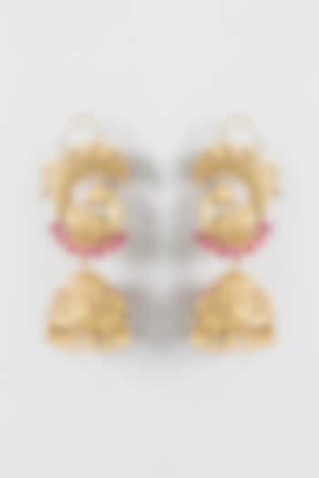 Gold Finish Temple Peacock Jhumka Earrings by Anjali Jain Jewellery
