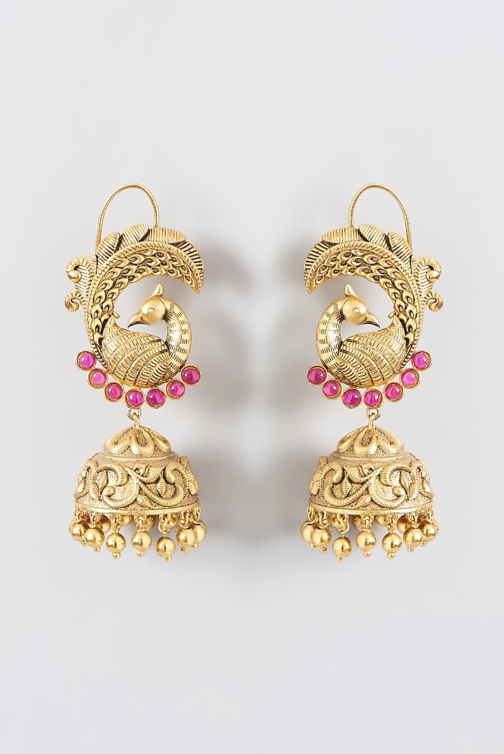 Gold Finish Temple Peacock Jhumka Earrings by Anjali Jain Jewellery