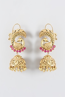 Gold Finish Temple Peacock Jhumka Earrings by Anjali Jain Jewellery-DESIGNER EARRINGS