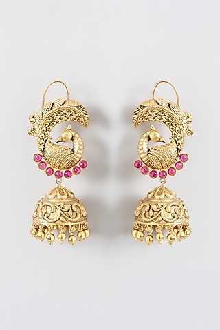 Gold Finish Temple Peacock Jhumka Earrings by Anjali Jain Jewellery