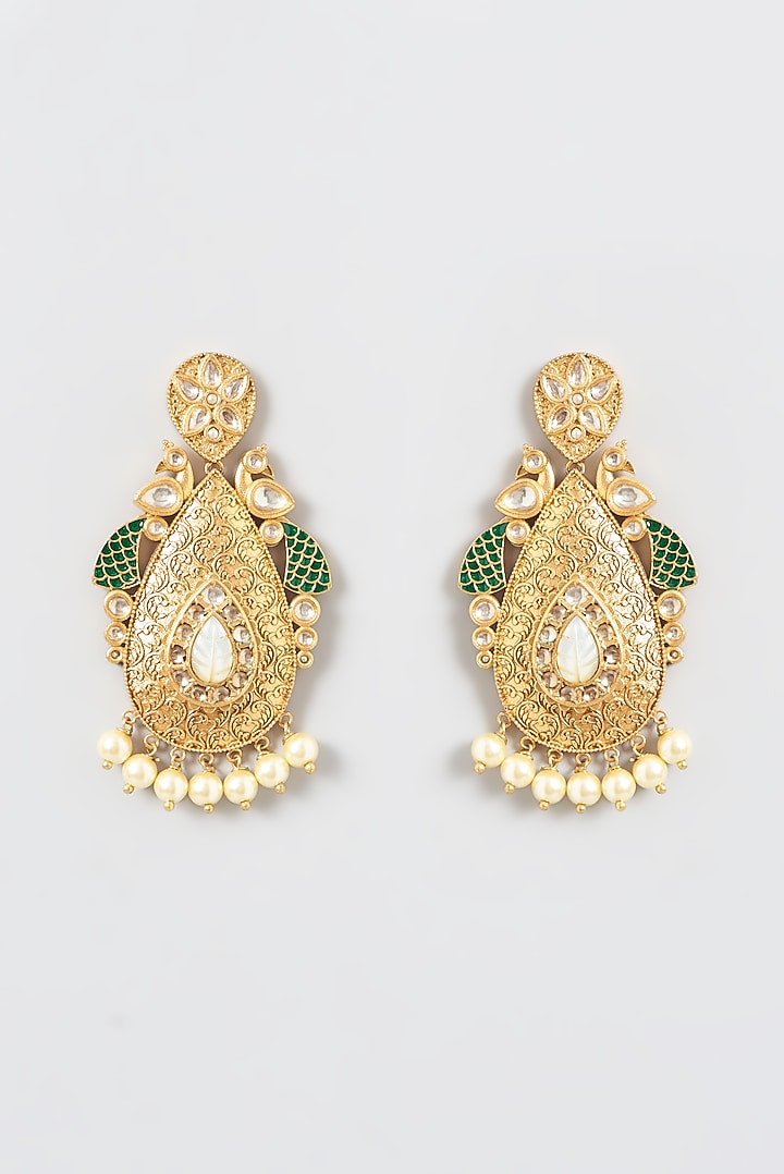 Gold Finish Kundan Polki Peacock Dangler Earrings by Anjali Jain Jewellery at Pernia's Pop Up Shop