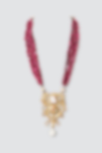 Gold Finish Kundan Polki & Navratna Long Pendant Necklace by Anjali Jain Jewellery