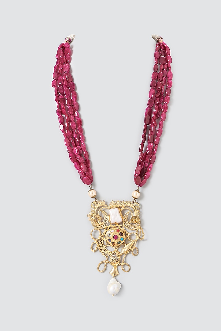 Gold Finish Kundan Polki & Navratna Long Pendant Necklace by Anjali Jain Jewellery