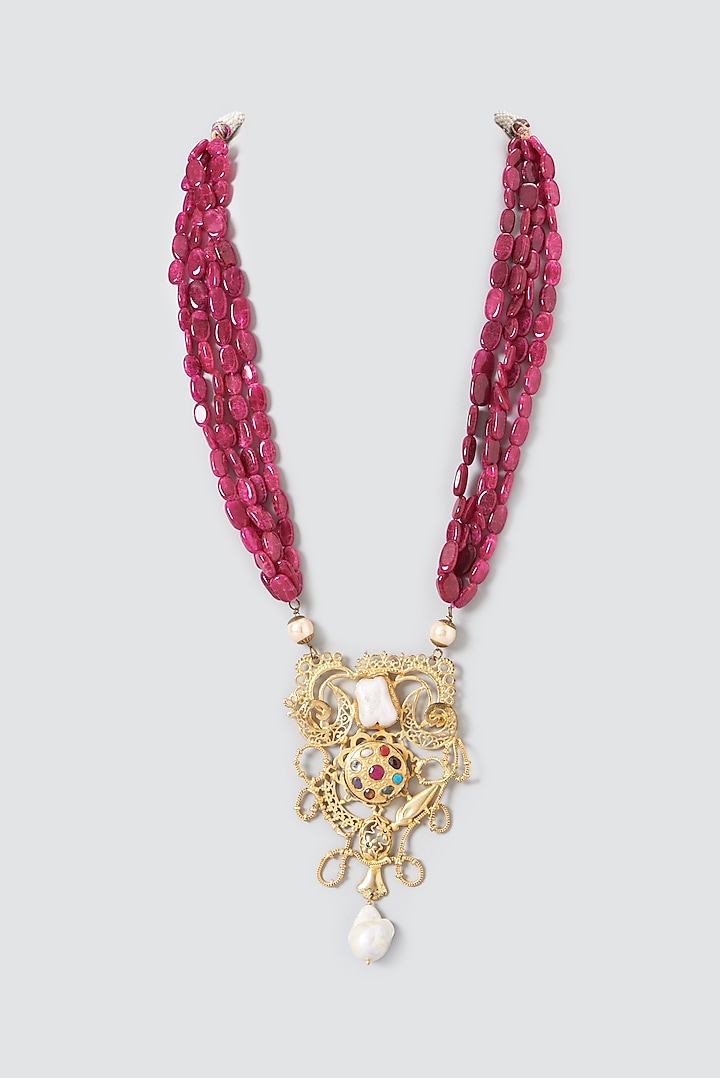 Gold Finish Kundan Polki & Navratna Long Pendant Necklace by Anjali Jain Jewellery at Pernia's Pop Up Shop