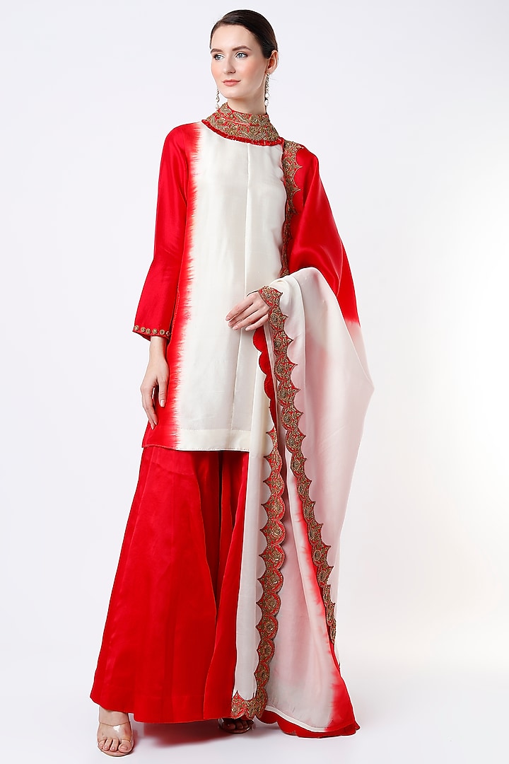 Red Dupion Silk Sharara Set by Anand Kabra