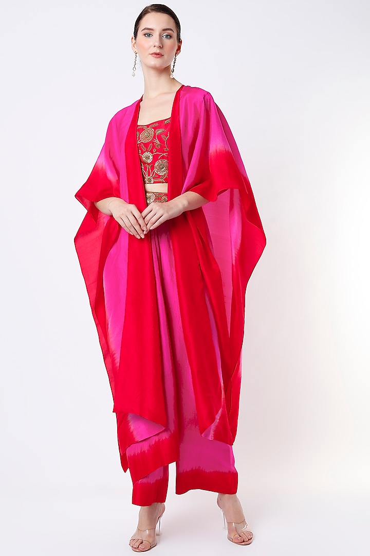 Fuchsia & Red Draped Pant Set by Anand Kabra