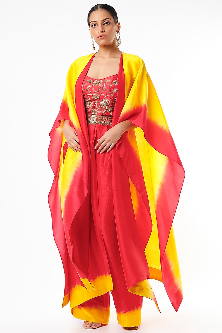 Red & Yellow Dupion Silk Pant Set by Anand Kabra
