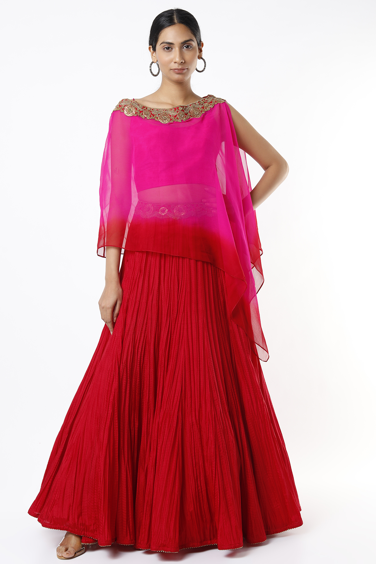 Cadmium Red Georgette Lehenga Set by Anand Kabra