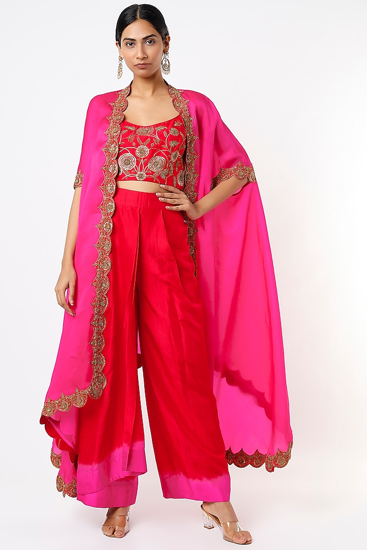 Red Draped Pant Set With Cape by Anand Kabra at Pernia's Pop Up Shop