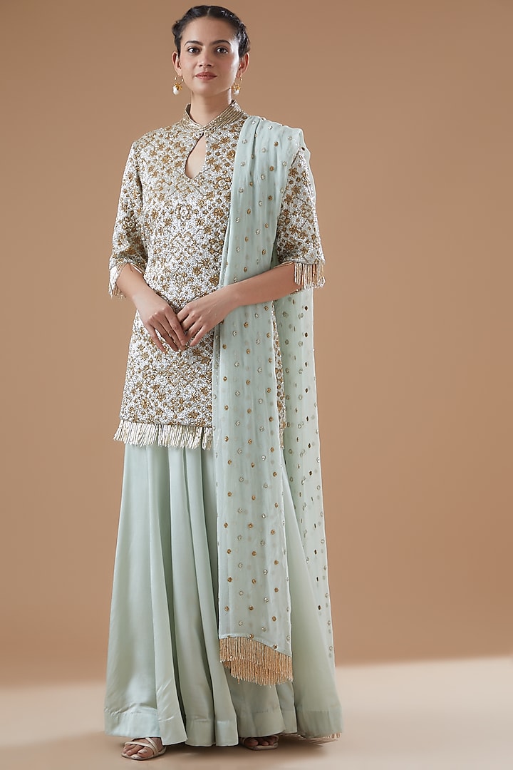 Light Sea Green Satin Sharara Set by Anand Kabra