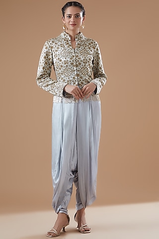 Stone Grey Tulle Embroidered Jacket Set by Anand Kabra