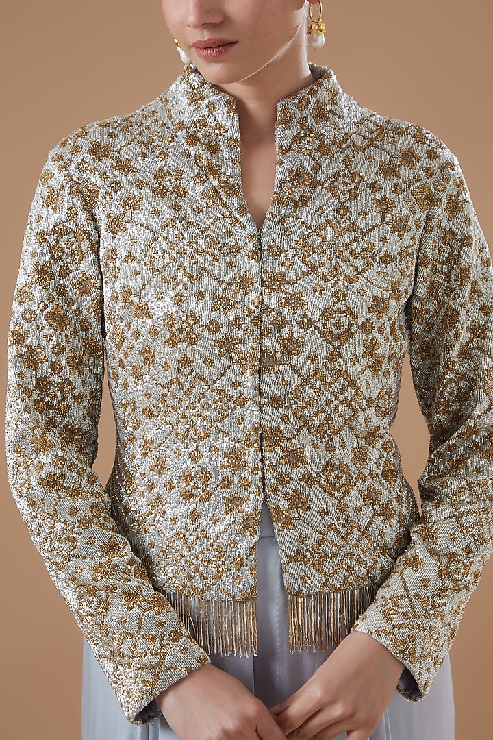 Stone Grey Tulle Embroidered Jacket Set by Anand Kabra at Pernia's Pop Up Shop