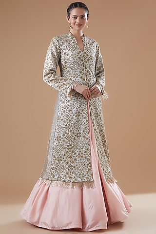 Peach Habutai Silk Anarkali Set by Anand Kabra