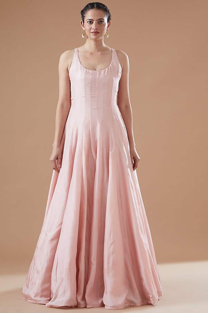 Peach Habutai Silk Bridal Anarkali Set by Anand Kabra at Pernia's Pop Up Shop