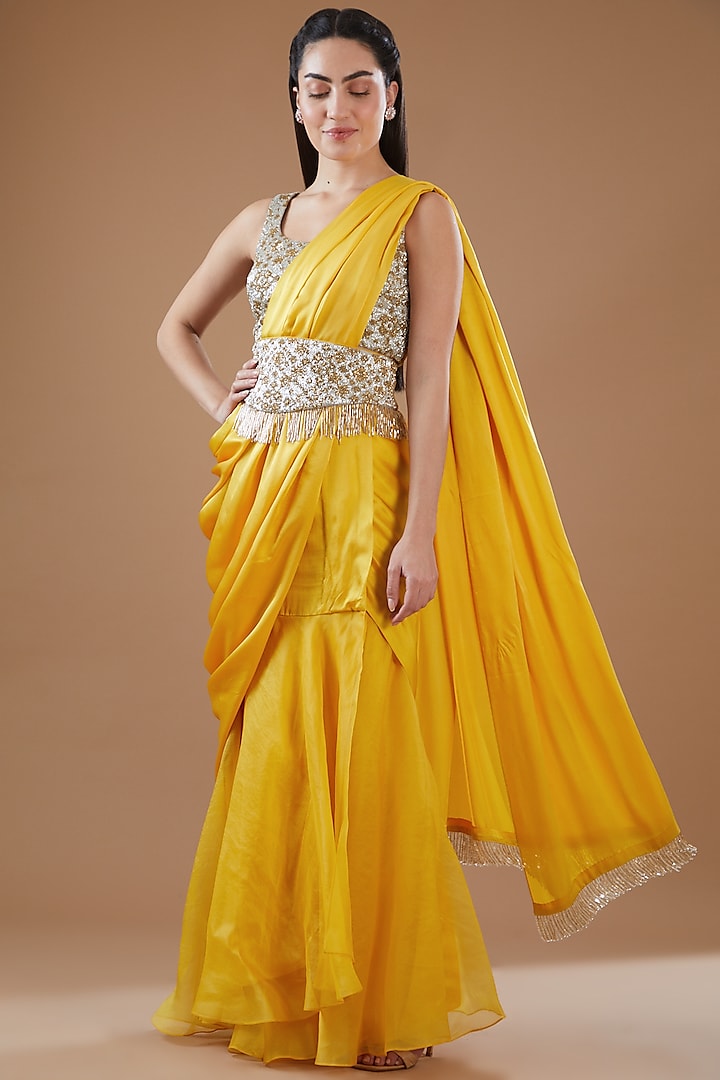 Mustard Satin & Organza Draped Saree Set by Anand Kabra